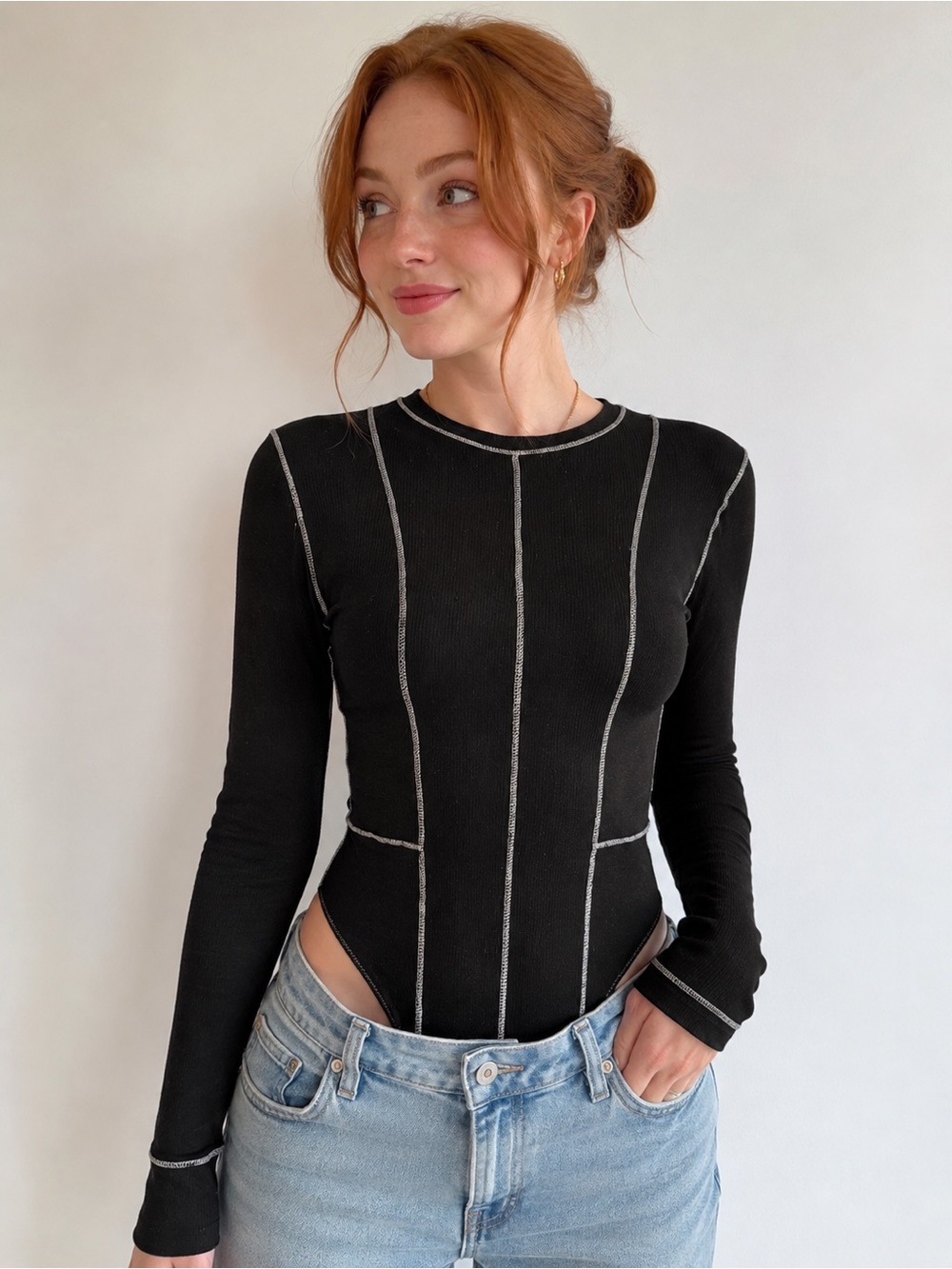 Black Long-Sleeve Contrast Stitch Bodysuit — Women's